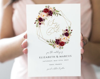 Burgundy Floral Save the Date Invitation, Elegant Wedding Template (Digital Download)