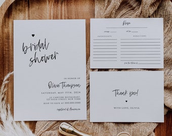 Minimalist Bridal Shower Invitation Set, Modern Bridal Shower Invitation, Simple Details Card, Recipe Card, Editable Printable Invite, CORJL