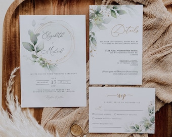 Greenery Wedding Invitation Set, Editable Template (Instant Download)