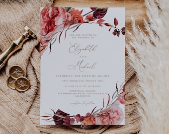 Burgundy Floral Wedding Invitation Template, Autumn Greenery (Editable Download)