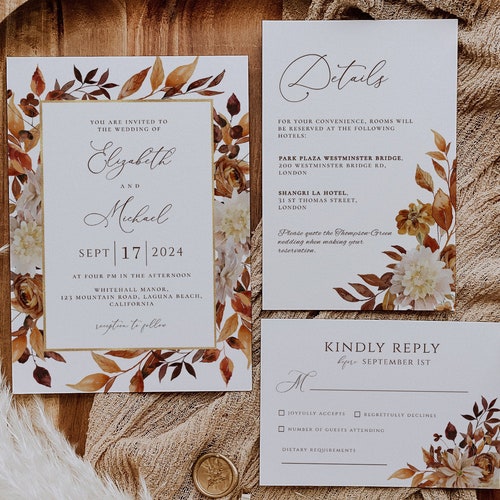 Rustic Fall Wedding Invitation Template Autumn Leaves and | Etsy