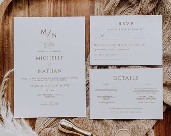 Gold Wedding Invitation Set, Modern Minimalist Wedding Invite, RSVP Details card, Printable Editable template, Delicate wedding invitation