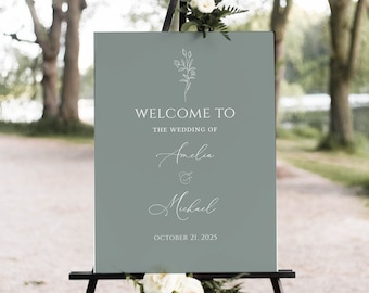 Sage Green Floral Wedding Welcome Sign Template, Editable Printable (3 Sizes)