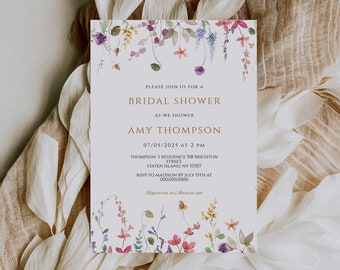 Wildflower Bridal Shower Invitation Template, Summer Spring Bridal shower, Elegant Floral invite, Editable Printable card template, CORJL