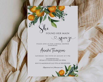 Orange Bridal Shower Invitation card template, Citrus Mediterranean Bridal Shower invite, Summer Spring wedding invitation, instant download