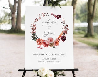 Mall för välkomstskylt med höstblommor för bröllop, redigerbar (3 storlekar)