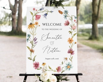 Wildflower Editable Wedding Welcome Sign, Wild Flower Greenery Custom Sign Template, Summer Spring Wedding Sign, 18x24, 3 sizes, Editable