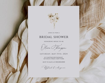 Minimalist Floral Bridal Shower Invitation Template, Simple Floral, White Floral Printable Bridal Shower, Editable Card, Instant Download