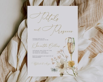 Petals and Prosecco Wildflower Bridal Shower Invitation Template, Summer Spring Elegant Floral invite, Editable Printable card, CORJL