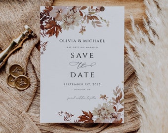 Rustic Fall Save The Date Editable Template, Autumn Save Our Date Invitation, Instant Download, Boho Printable Invite, Autumn leaves floral