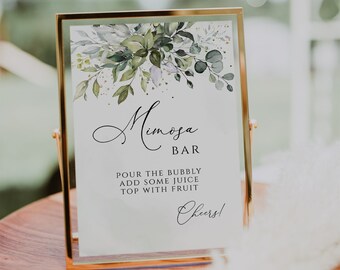 Modello di cartello per bar di mimose a tema verde per matrimoni (download immediato)