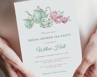 Bridal Shower Tea Party Invitation Template, Printable Bridal Tea Shower Invite, Bridal Brunch, Editable Text, INSTANT DOWNLOAD