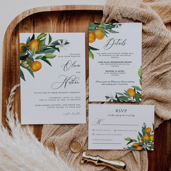 Citrus Wedding Invitation Download, Orange Wedding Invitation Template Editable, Printable Invitation Wedding Suite, Summer Wedding invite