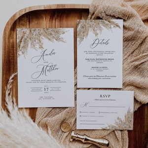 Suite de faire-part de mariage à l'herbe de la pampa, modèles modifiables imprimables, suite mariage bohème, invitation bohème, détails carte Rsvp, CORJL