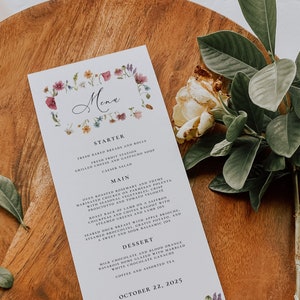Wildflower Menu Card template, Summer Spring Floral Wedding Menu, Printable Editable Boho Menu card, Instant Download, CORJL