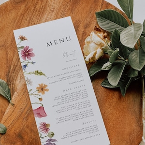 Wildflower Menu Card template, Summer Spring Floral Wedding Menu, Printable Editable Boho Menu card, Instant Download, CORJL