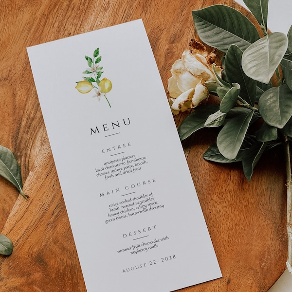 Lemon Wedding Menu template, Mediterranean Table Decor, Amalfi Tuscan Wedding, Editable printable menu, Country wedding menu