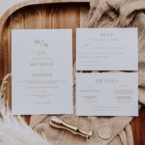 Ensemble de faire-part de mariage doré, faire-part de mariage minimaliste moderne, carte RSVP détails, modèle modifiable imprimable, faire-part de mariage délicat