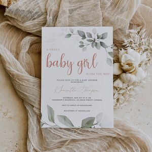 Greenery Blush-Babyparty-Einladungsvorlage, bearbeitbare druckbare Sofortdownload, Greenery Eukalyptus einladen, CORJL