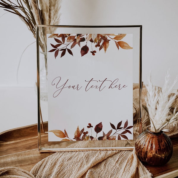 Rustic Fall Wedding Table Sign Template | Autumn Wedding Custom Sign | Rust Wedding Signage | Autumn Leaves, Edit with CORJL
