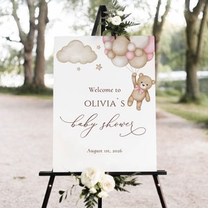 Bear Balloon Baby Shower Welcome Sign, Baby Shower Sign, Editable Welcome Poster, Printable Signage, Baby Girl shower template