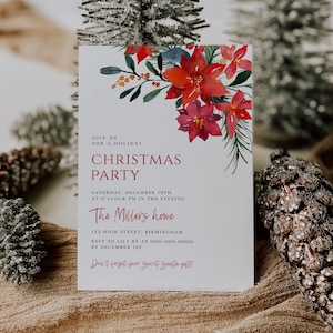 Christmas Invitation Printable, Editable Holly Christmas Invitation, Holiday Winter Party Invitation, Instant Download, Edit with CORJL,