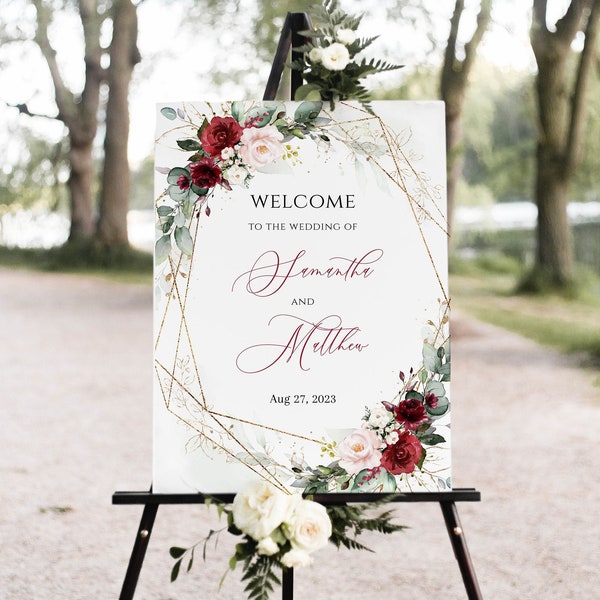 Burgundy Greenery Wedding Welcome Sign, Floral Large Board sign, INSTANT DOWNLOAD • Editable, Printable Template, Edit with CORJL