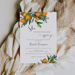 Modèle de carte d'invitation orange nuptiale de douche, invitation de douche nuptiale méditerranéenne d'agrumes, faire-part de mariage été printemps, téléchargement immédiat