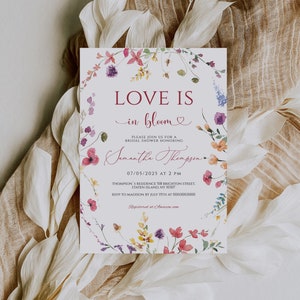 Wildflower Love is in Bloom Bridal Shower Invitation Template, Summer Spring Bridal shower, Elegant Floral invite, Editable Printable card