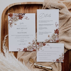 Plantilla de invitación de boda de otoño, tarjeta de confirmación de asistencia imprimible, paquete editable de descarga instantánea, paquete de otoño, 3 piezas