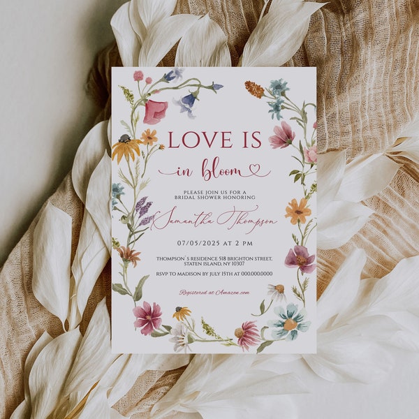 Wildflower Love is in Bloom Bridal Shower Invitation Template, Summer Spring Bridal shower, Elegant Floral invite, Editable Printable card