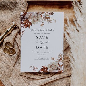 Plantilla rústica editable para guardar la fecha en otoño, invitación para guardar la fecha en otoño, descarga instantánea, invitación imprimible estilo boho, hojas de otoño florales