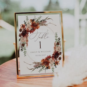 Modello di cartello per numero di tavolo da matrimonio floreale in terracotta rustica, segnaletica per biglietti da visita autunnali e stampabili modificabili, fai da te, CORJL