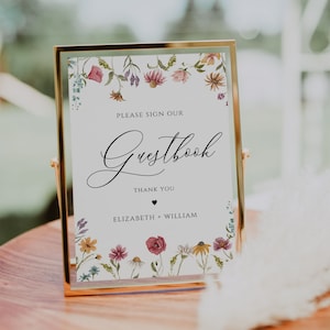 Modello di cartello per libro degli ospiti per matrimonio Boho Wildflower, cartello floreale Il nostro libro degli ospiti, cartello da tavolo modificabile, stampabile e scaricabile all'istante, CORJL