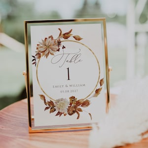Modèle de plaque de numéro de Table de mariage couronne florale en terre cuite rustique, signalisation de carte de siège automne automne imprimable modifiable, bricolage, CORJL