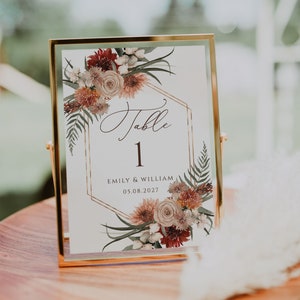 Modèle de plaque de numéro de Table de mariage en terre cuite rustique, carte de visite imprimable modifiable automne automne, signalisation florale, bricolage, CORJL