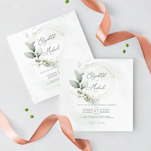 Modello di invito per matrimonio con fogliame verde dorato, invito per matrimonio boho, modello di invito con eucalipto da scaricare, invito finto oro, CORJL