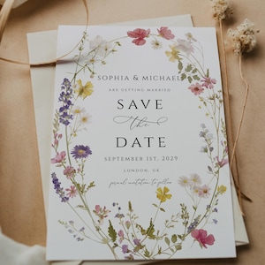 Modello di invito Save the Date con fiori di campo, invito per matrimonio estivo primaverile, elegante invito floreale, modello di biglietto stampabile modificabile, CORJL