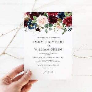 Burgundy Wedding Invitation Template, Floral Wedding Invitation, Burgundy Blush invitation, Printable invitation, Edit with CORJL image 3