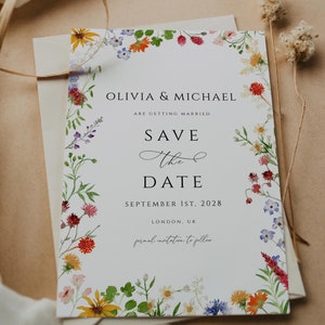 Wildflower Save the Date uitnodigingssjabloon, zomer lente bruiloft uitnodiging DIY, elegante bloemen weide uitnodiging, bewerkbare afdrukbare kaart