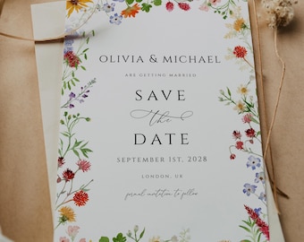 May include: Save the date card with a floral border. The card is white with black text that reads "Olivia & Michael are getting married. Save the date. September 1st, 2028. London, UK. Formal invitation to follow."