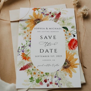 Wildblumen Hochzeit Save the Date Einladungskarte Vorlage, Sommer Frühling einladen, Sofort Download, bearbeitbare Boho Floral Vorlage DIY