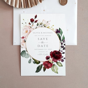 Groen bordeauxrode Save the Date-uitnodiging, INSTANT DOWNLOAD, moderne huwelijksuitnodiging, elegante, bewerkbare sjabloon, bewerken met Corjl, SD31