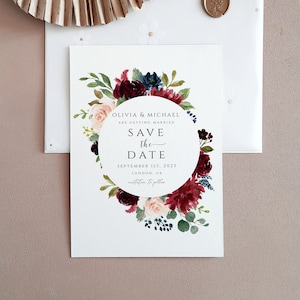 Burgundy Navy Blue Save the Date invitation, INSTANT DOWNLOAD, Modern wedding invitation, Elegant, Editable Template, Edit with Corjl
