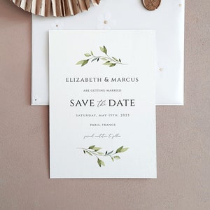 Greenery Save the Date Hochzeitseinladung, Datumsankündigungskartenvorlage, Empfangseinladungsvorlage, digitaler Download, Bearbeiten mit Corjl Bild 1