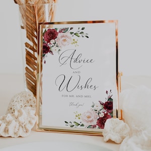 Rat und Wünsche Kartenvorlage für Mr und Mrs, Burgunder Hochzeitspaar Schild, Floral bearbeitbares druckbares Tischschild, gute Wünsche
