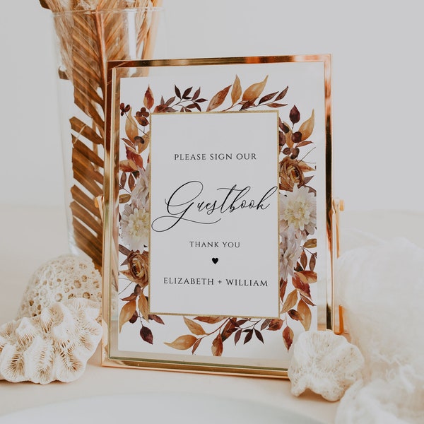 Rustic Terraccotta Wedding Sign Our Guestbook Template, Boho Fall Autumn wedding table sign, Editable printable guest book