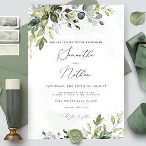 Sjabloon bruiloft groen uitnodiging, boho bruiloft uitnodiging, eucalyptus uitnodiging sjabloon downloaden, groene bladeren uitnodigingskaart