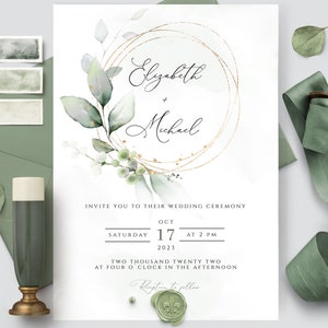 Modelo de convite com folhagem dourada e verde para casamento, convite de casamento estilo boho, modelo de convite com eucalipto para download, convite com ouro falso, CORJL