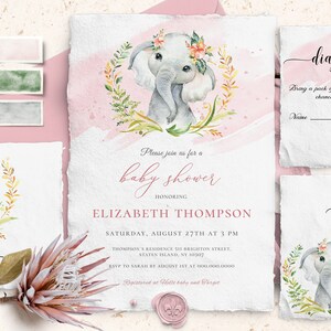 Pink Girl Baby Shower Invitation Template, Watercolor Baby Elephant Girl, Printable Greenery Baby Shower Invite, DIY Custom Editable